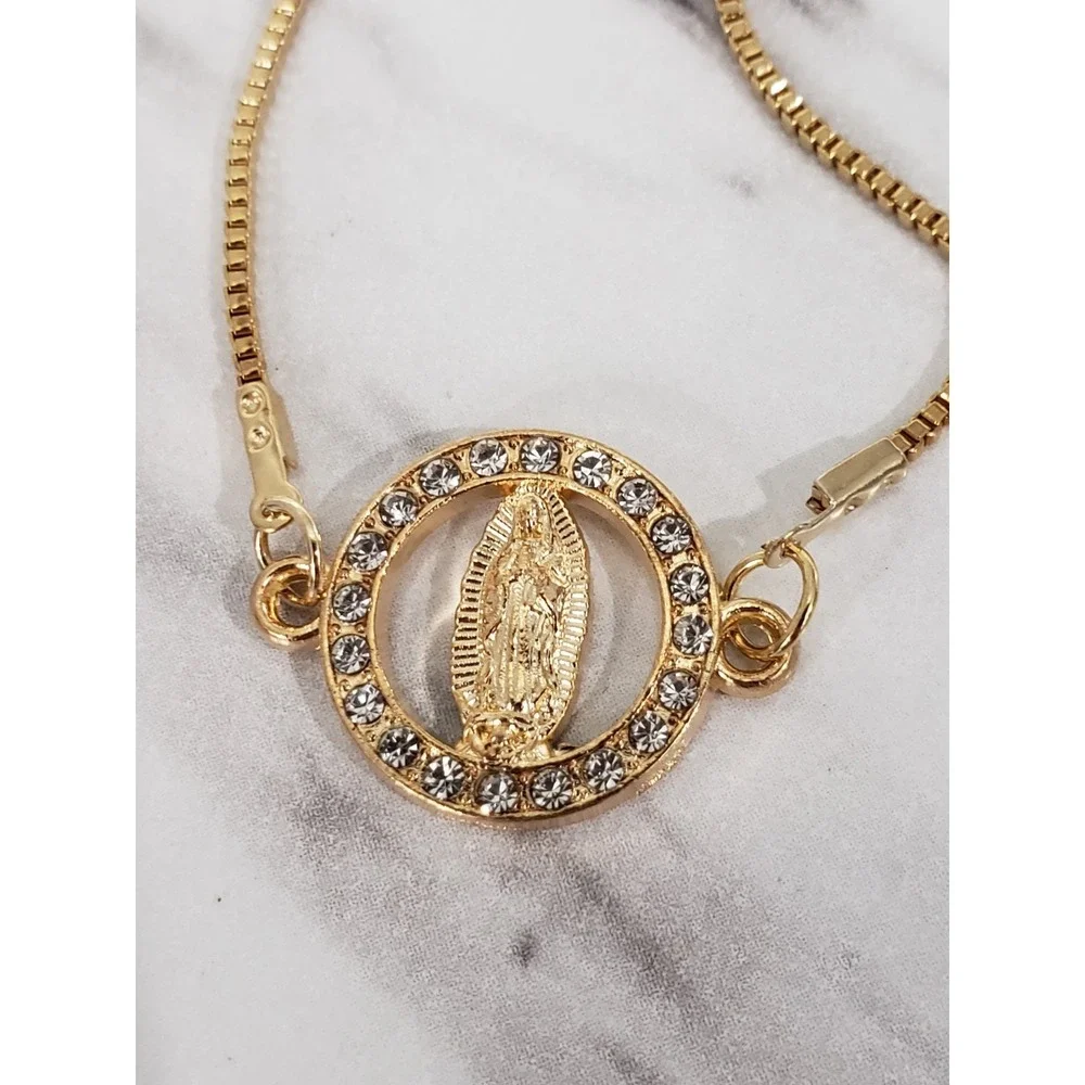 PULL STRING ADJUSTABLE Gold Tone Our Lady of Guadalupe Pendant Bracelet rhinesto